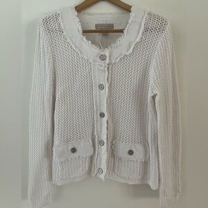 Laura Ashley Sweater Jacket Cardigan White Button Front Raw Edge Womens Size PXL